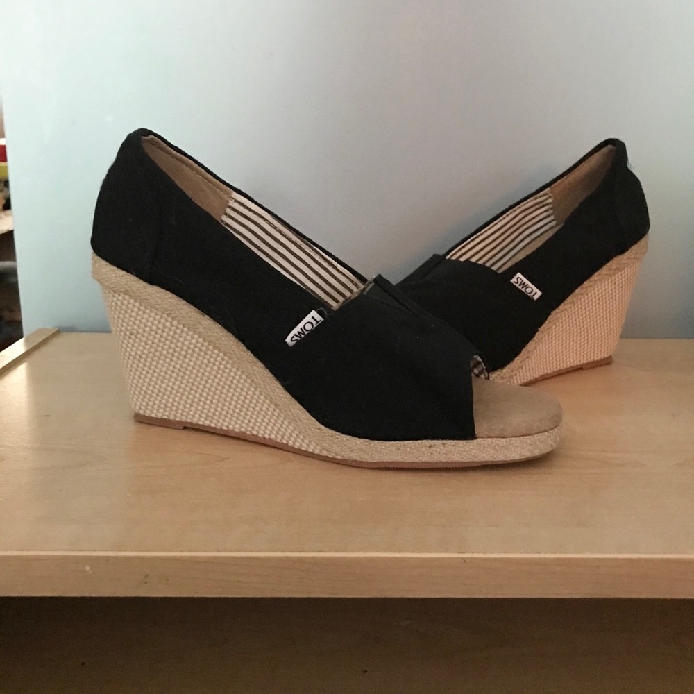 Tom’s Black Canvas Open Toed Wedge Shoes